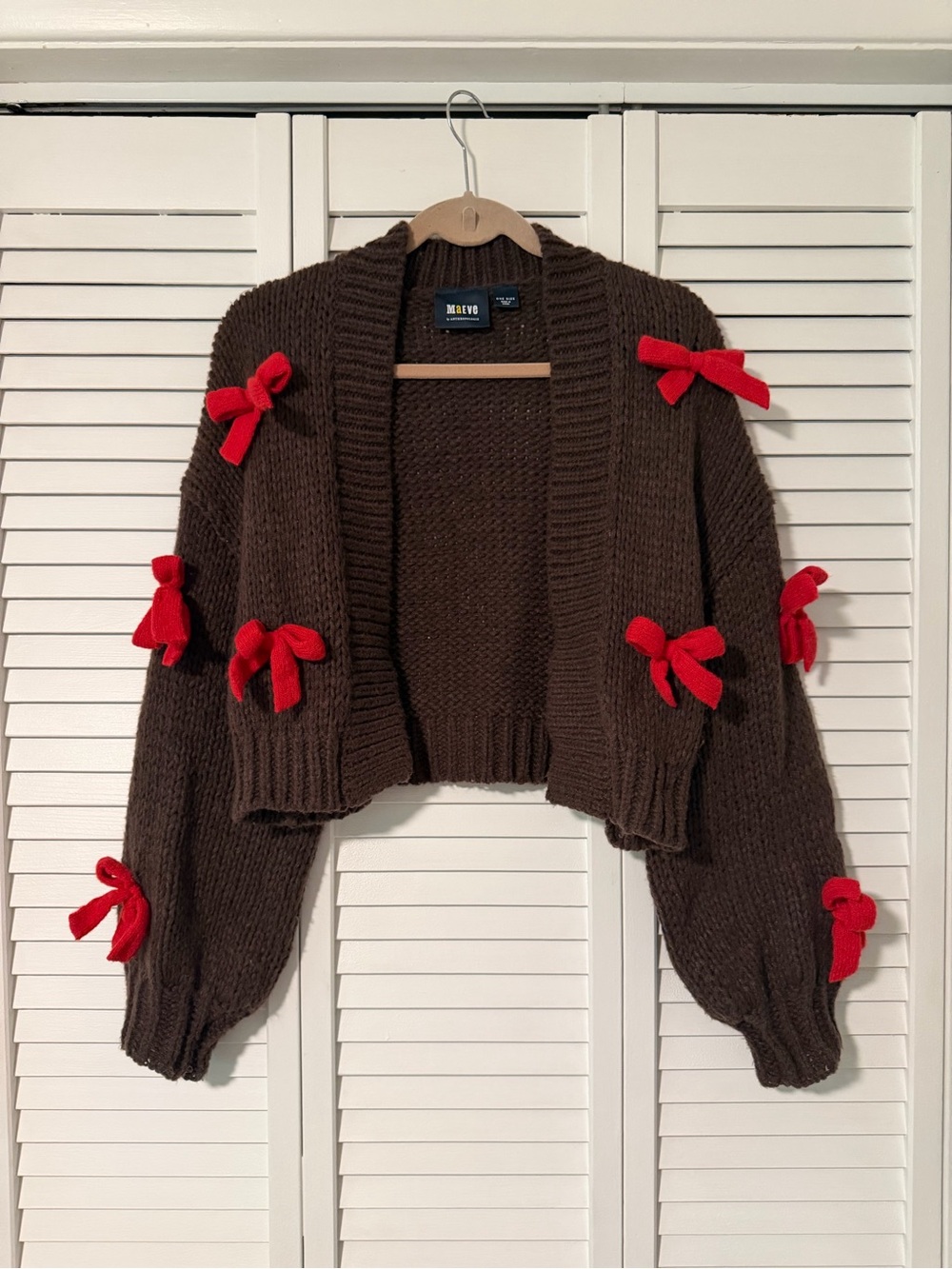 Maeve Brown Cropped Cardigan with Red Bow Details